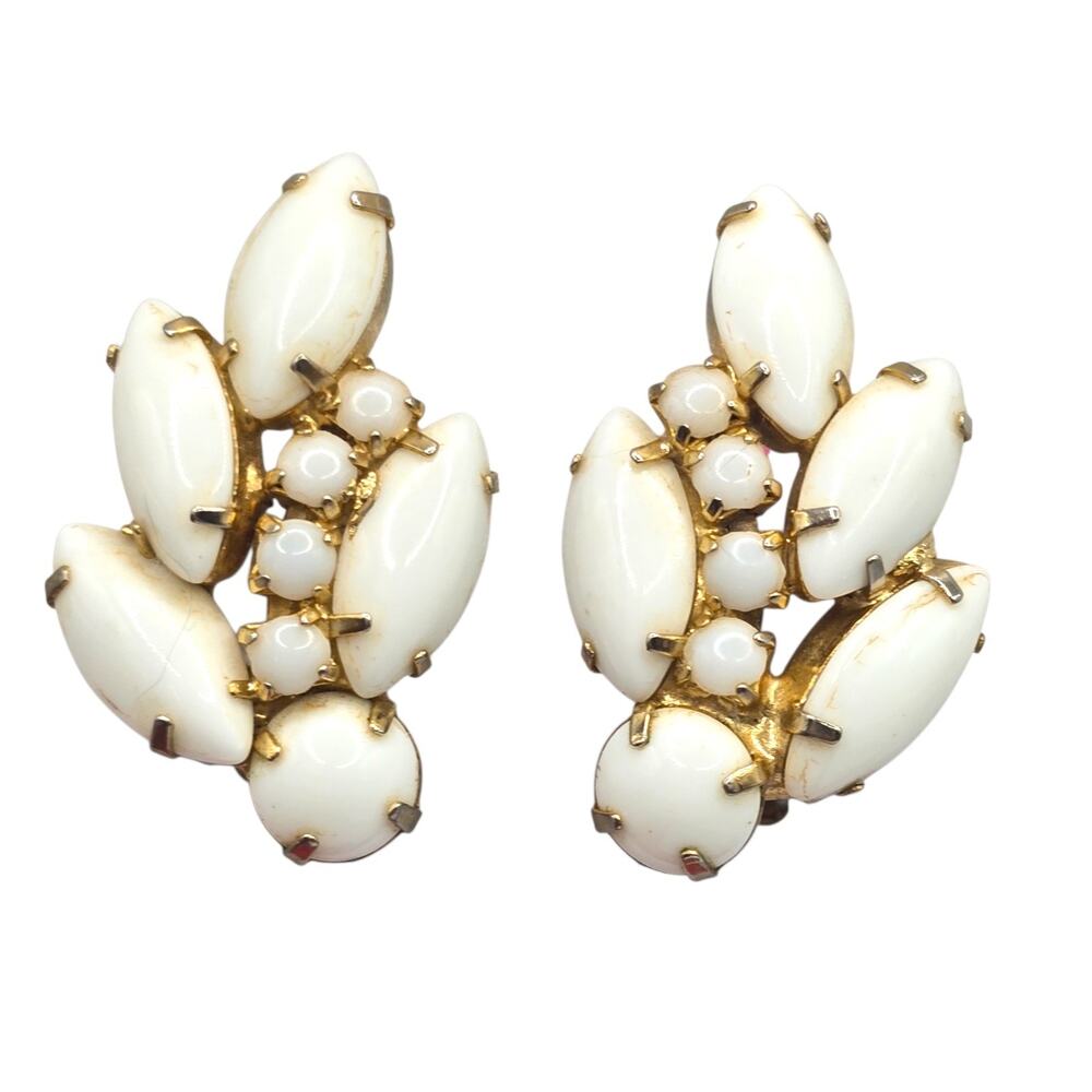 Earrings Vintage Juliana White Milk Glass Prong Rhinestones Gold Tone Clip On